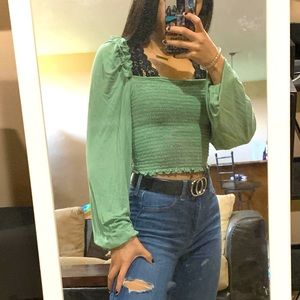 Long Sleeve Light Green Forever 21 Crop Shirt
